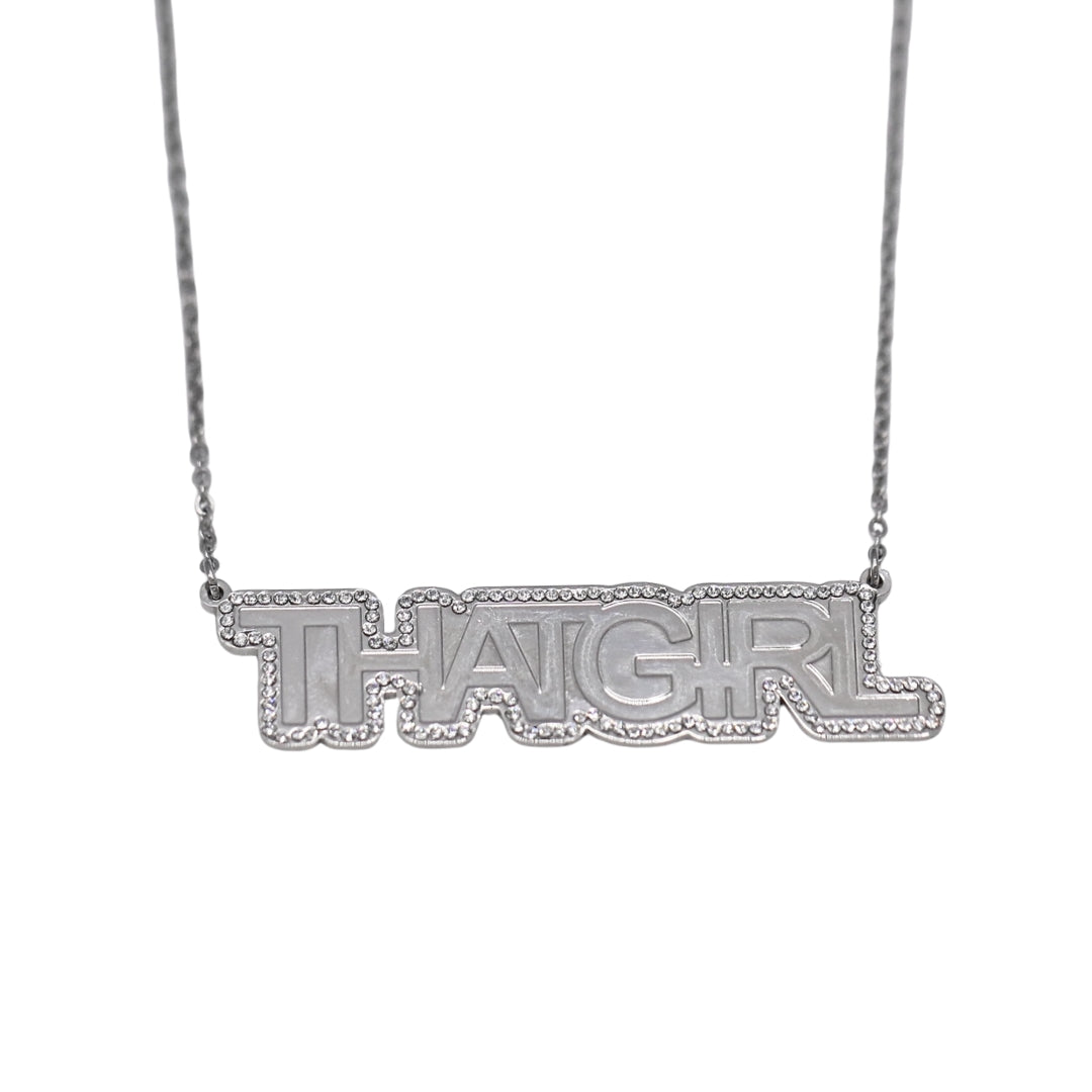 Custom Crystal Name Plate Necklace- Silver