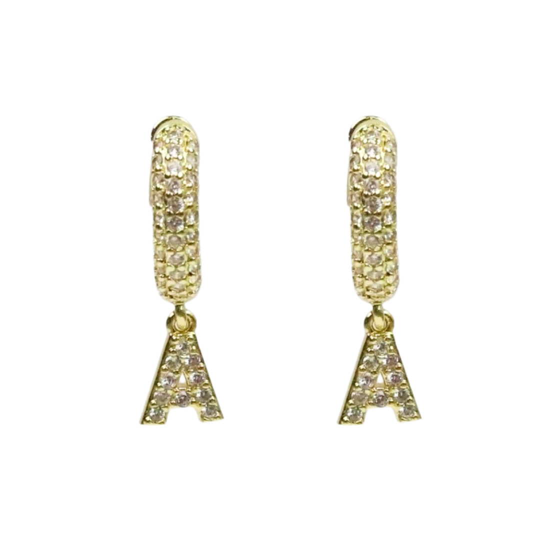 Pave Initial Charm Drop Hoop Earrings